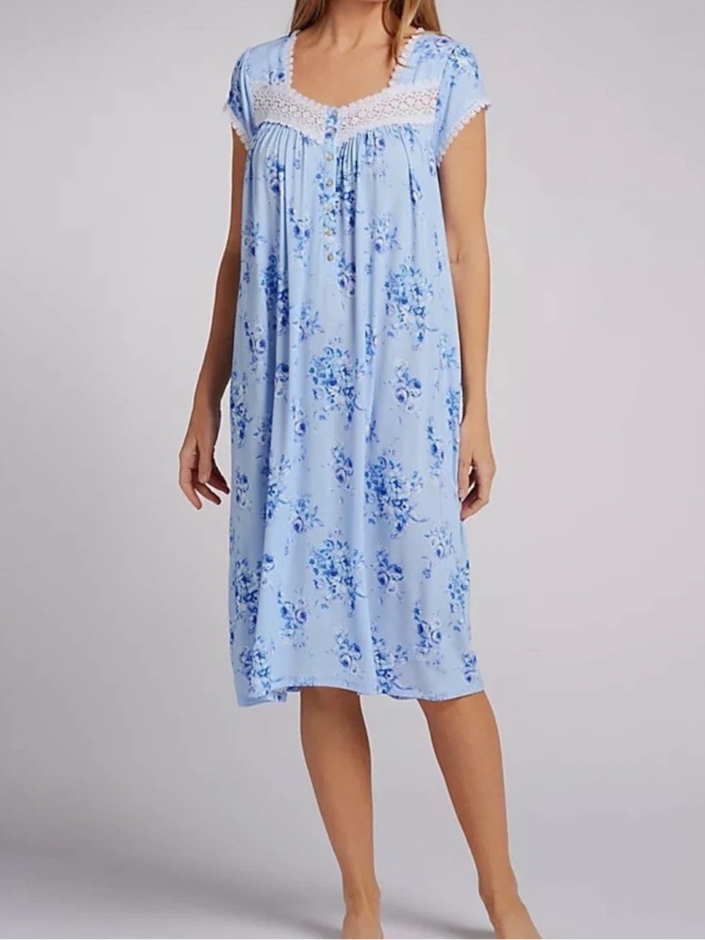 Eileen West Heirloom Rose Modal Waltz Nightgown L Lace Trim Floral Sleep Dress